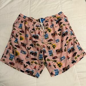 Blue Wave Men’s XL Pink Hawaiian Postcard Print Swim Trunks Mesh Lined